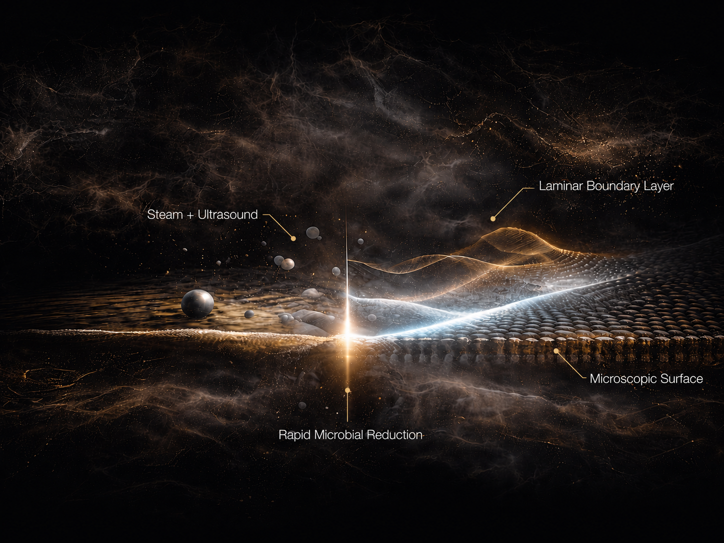 Visualisation of the SonoSteam principle: steam and ultrasound acting on the laminar boundary layer of a microscopic surface, resulting in rapid microbial reduction.