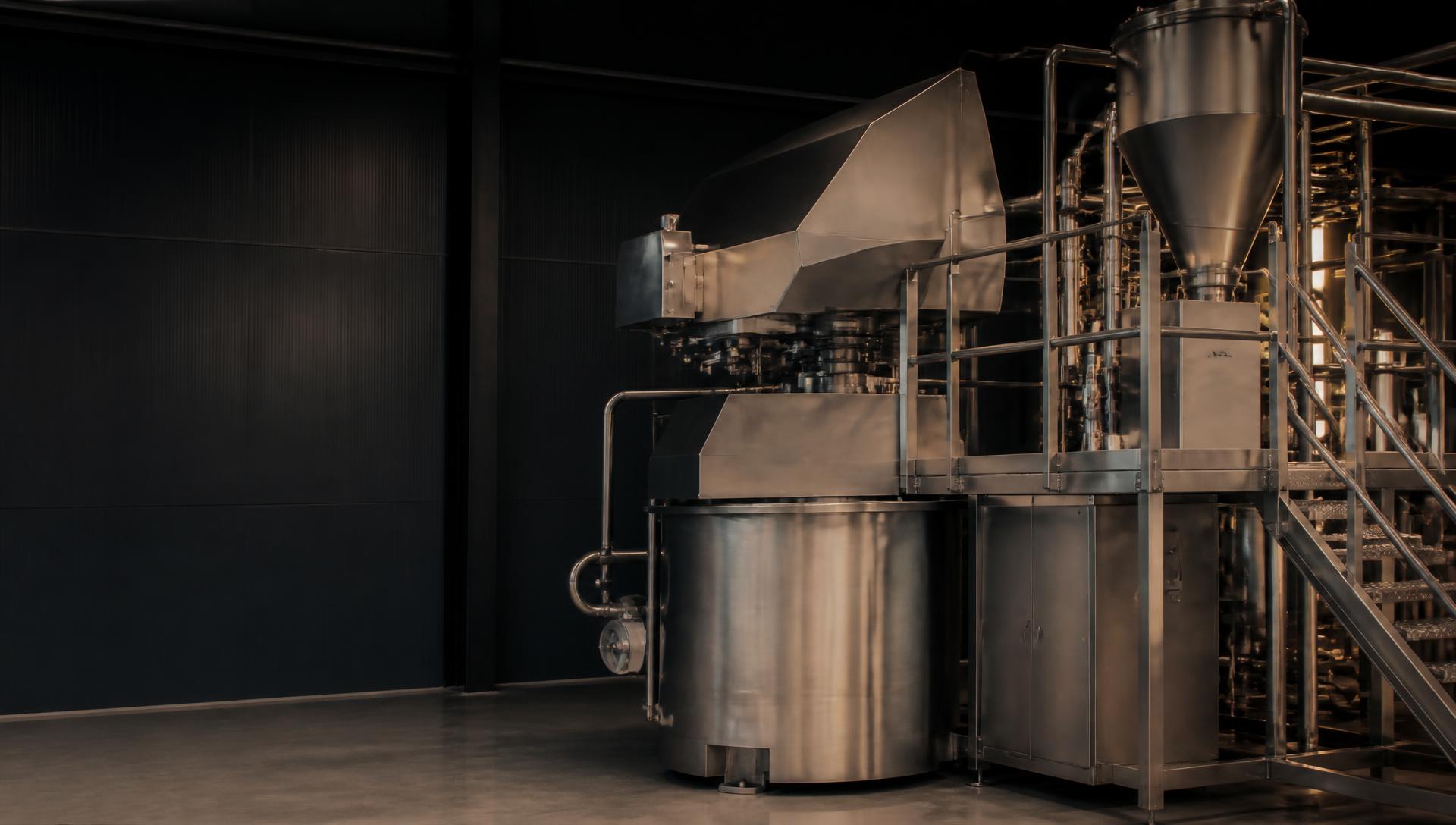 Stainless steel industrial process equipment in a production hall